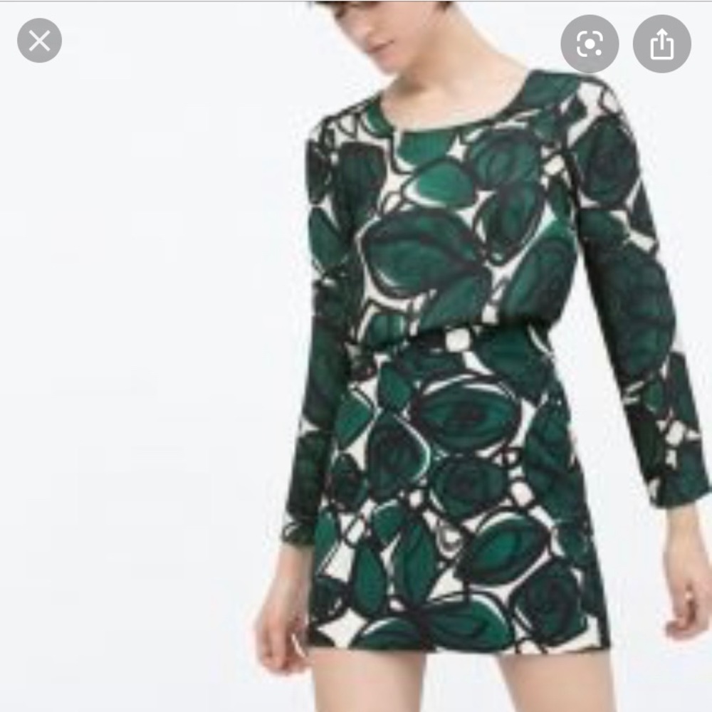 Zara Green Flower Floral Blouse Long Sleeve Top